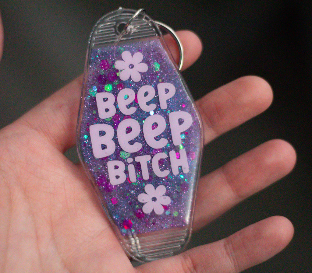 Beep Beep B*tch • Glow-in-the-Dark Glitter Resin Motel Keychain • 3.5"