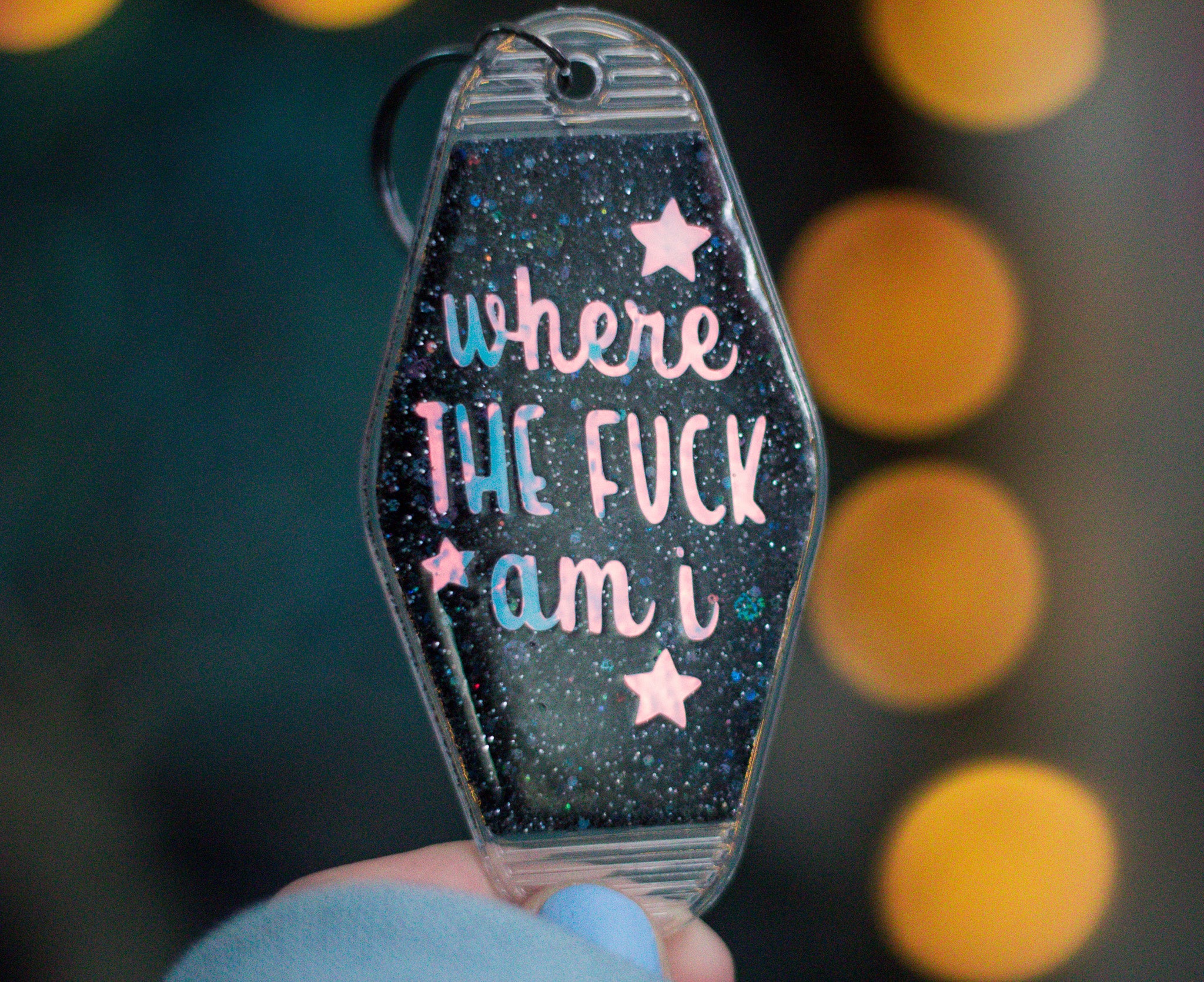 Where the F*ck Am I? • Glitter Resin Motel Keychain • 3.5"