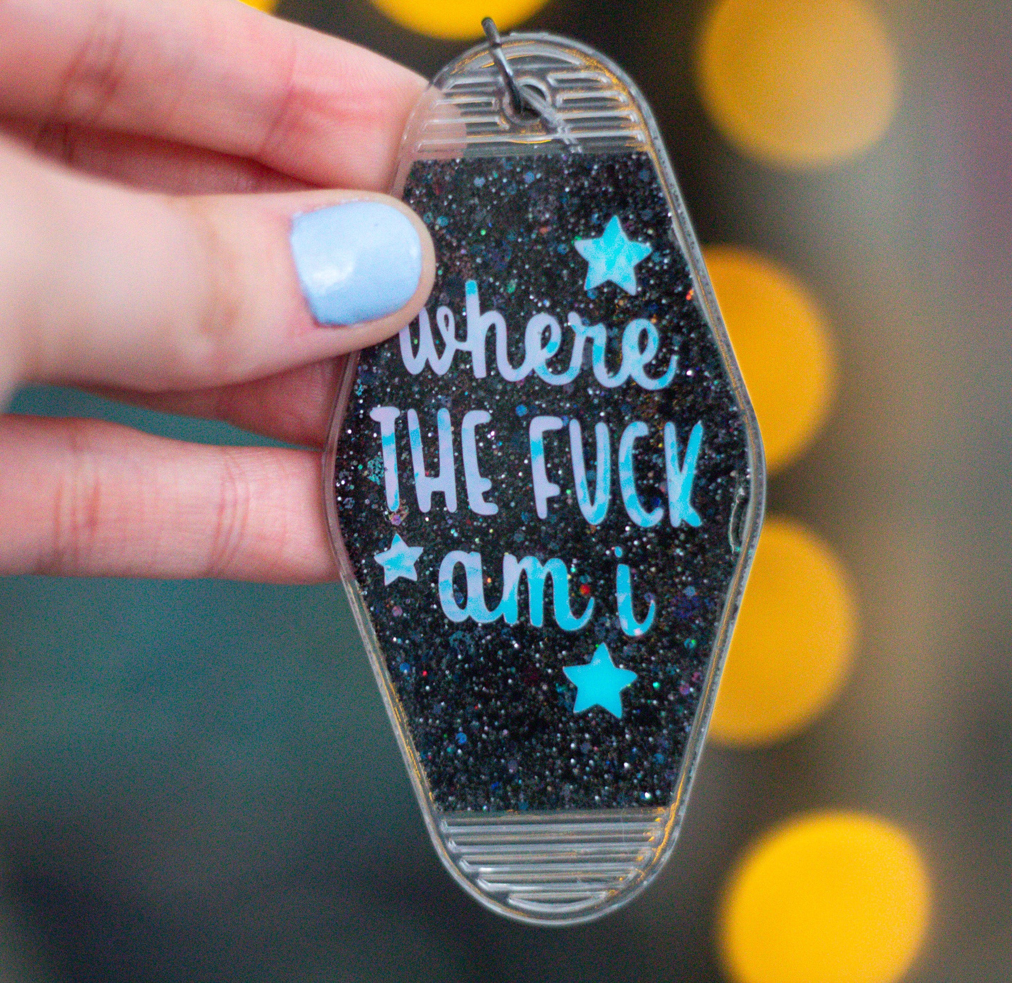 Where the F*ck Am I? • Glitter Resin Motel Keychain • 3.5"