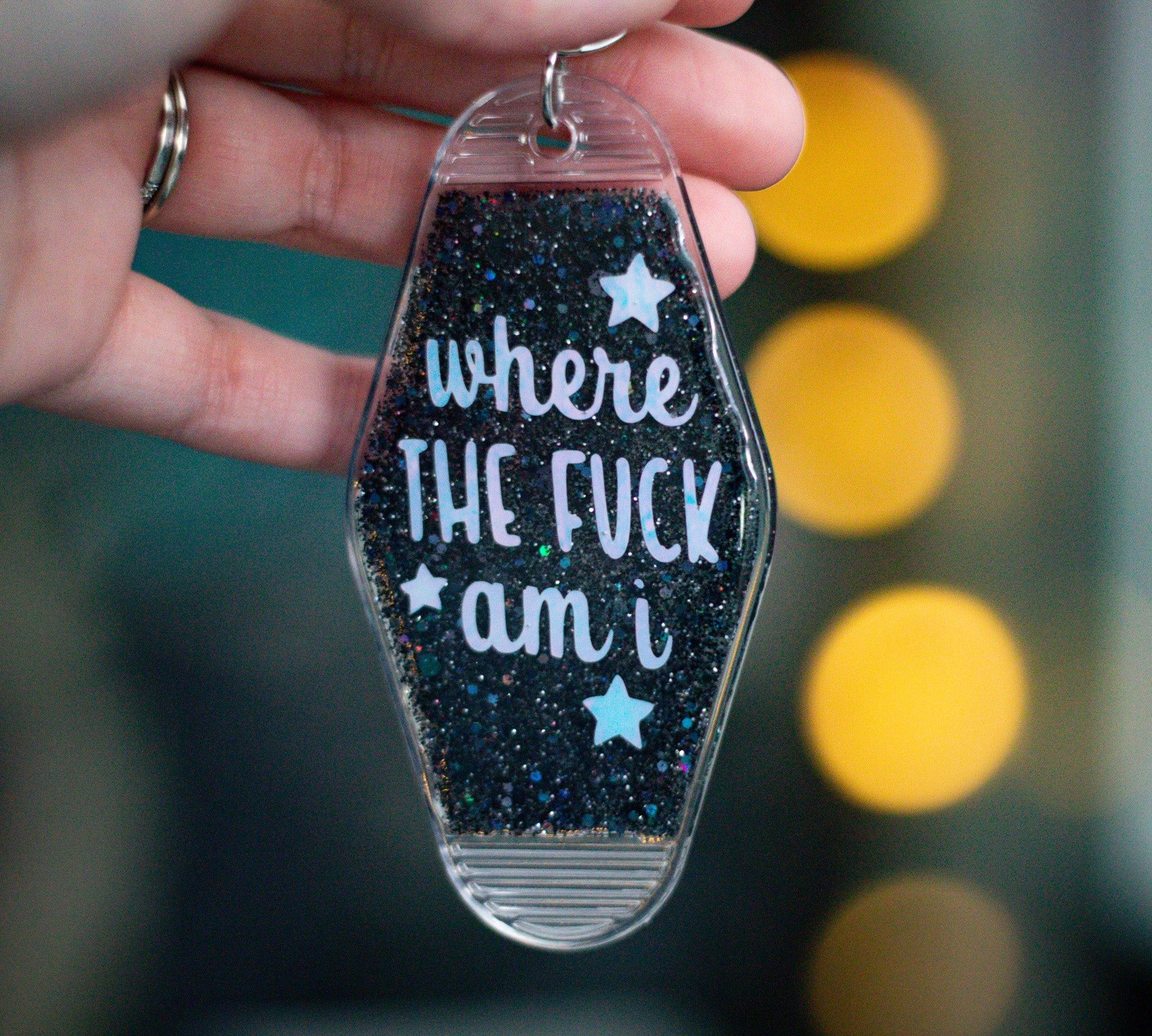 Where the F*ck Am I? • Glitter Resin Motel Keychain • 3.5"