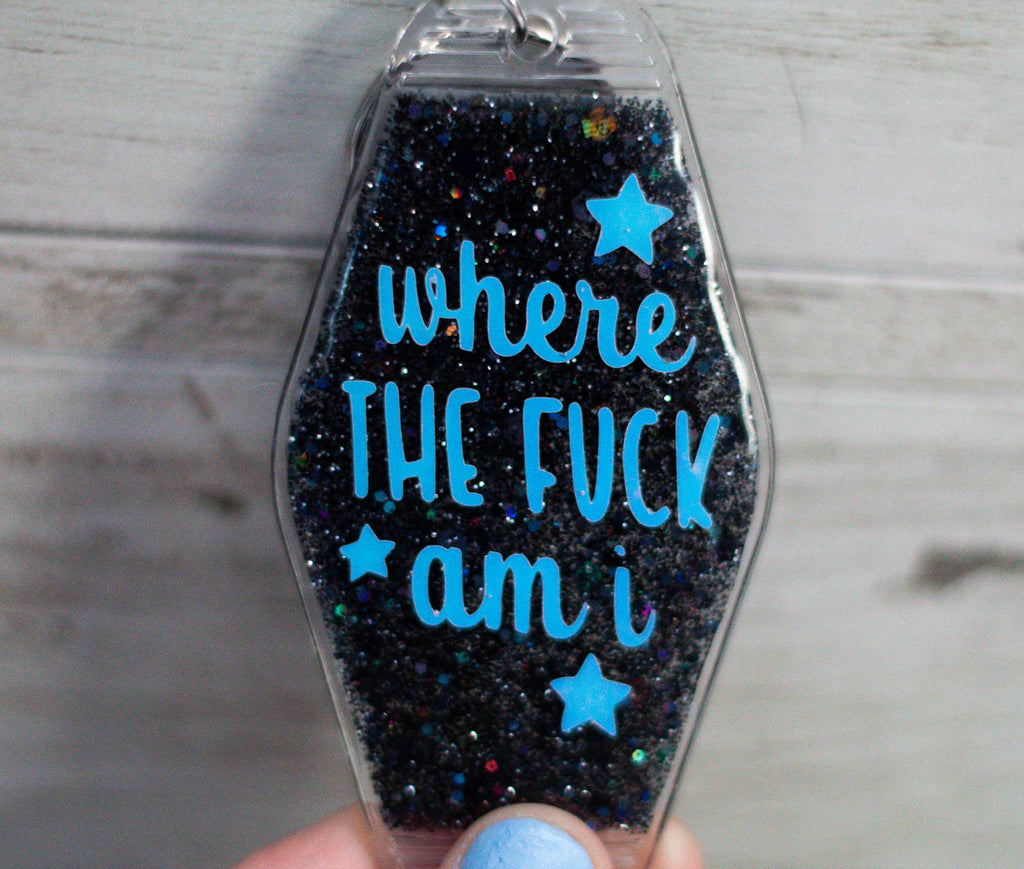 Where the F*ck Am I? • Glitter Resin Motel Keychain • 3.5"