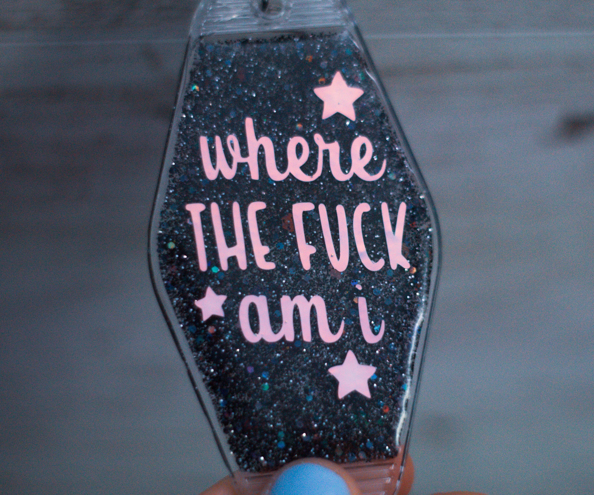 Where the F*ck Am I? • Glitter Resin Motel Keychain • 3.5"